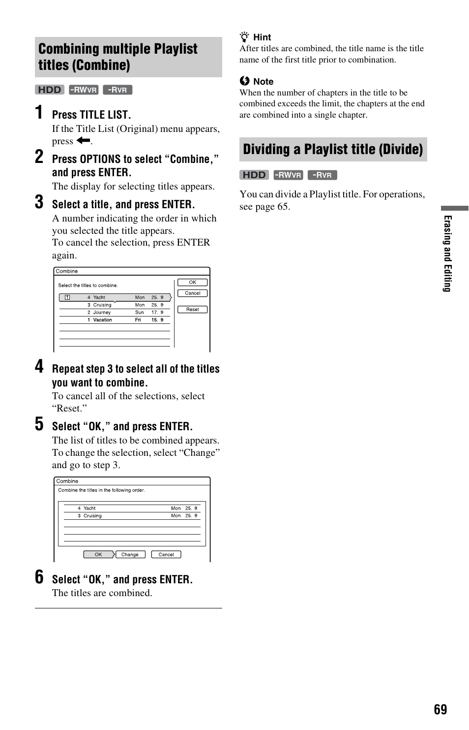 Combining multiple playlist titles (combine), Dividing a playlist title (divide) | Sony VIDEO Plus RDR-HX720 User Manual | Page 69 / 116