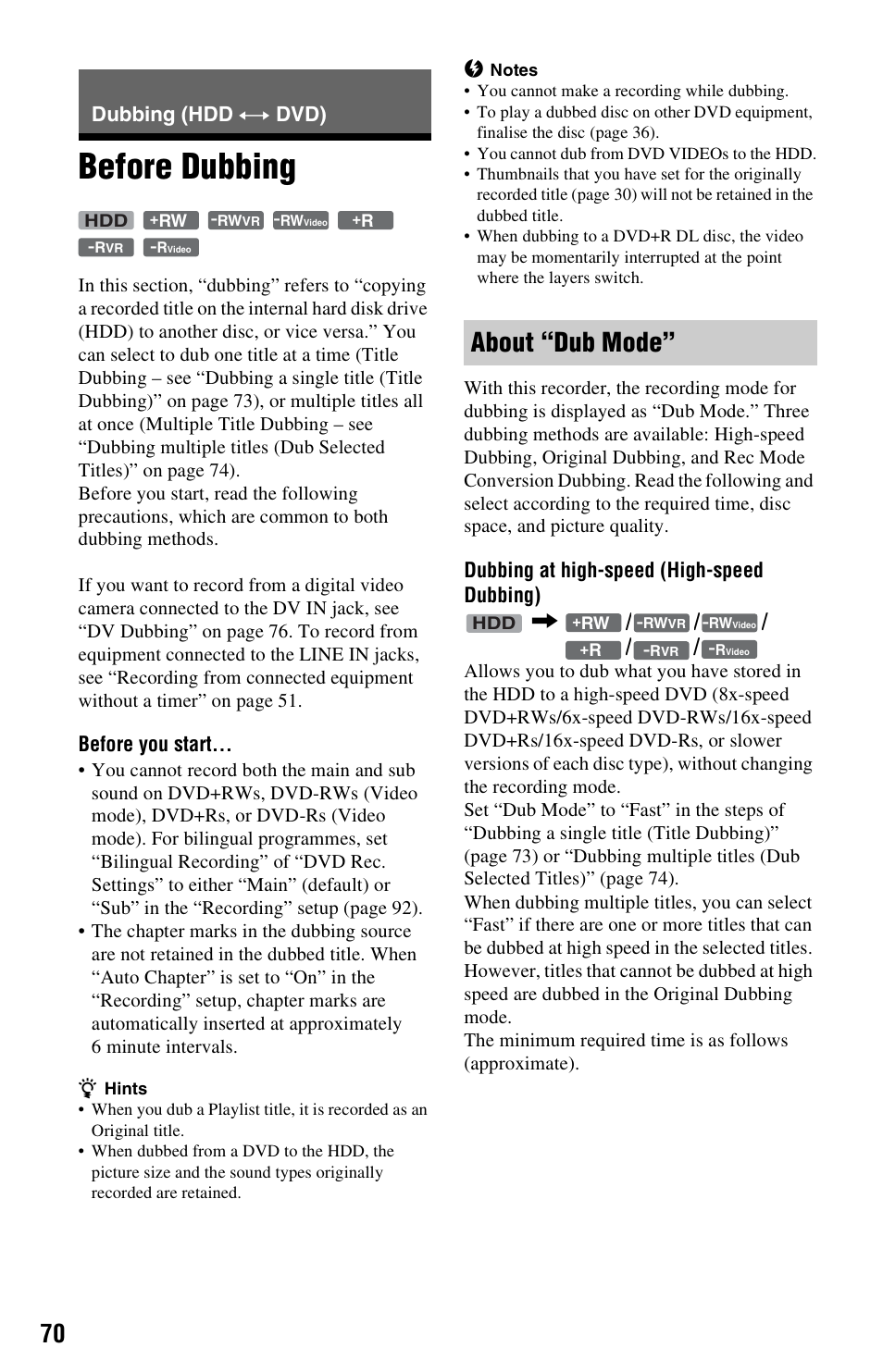 Dubbing (hdd y dvd), Before dubbing, About “dub mode | Dubbing (hdd, Before you start, Dubbing at high-speed (high-speed dubbing) | Sony VIDEO Plus RDR-HX720 User Manual | Page 70 / 116