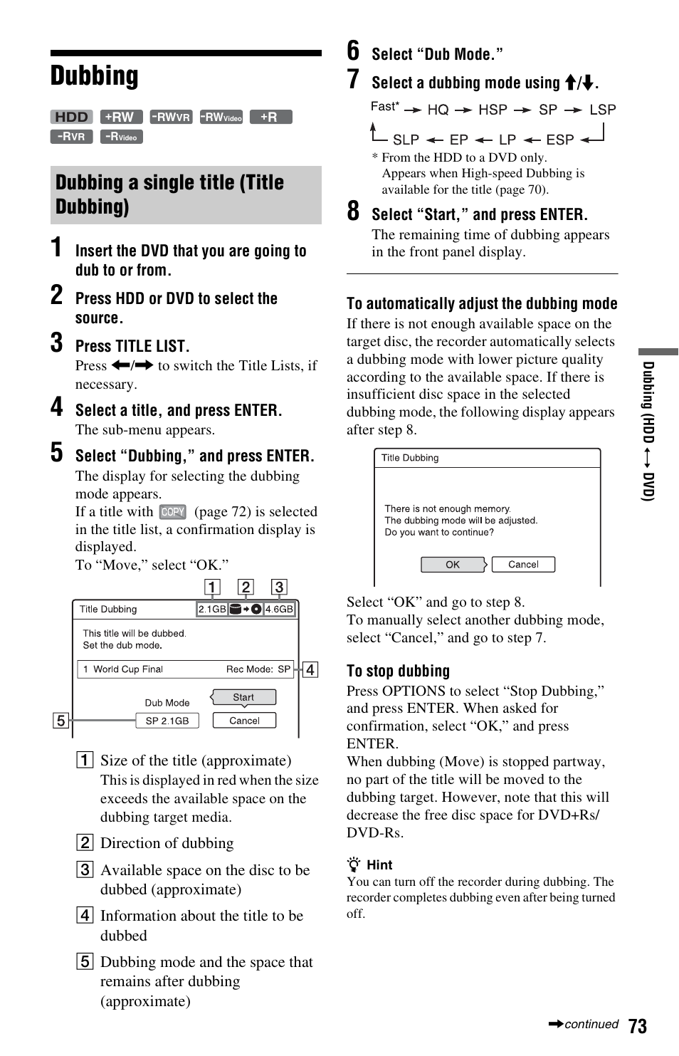 Dubbing, Dubbing a single title (title dubbing), Dubbing 1 | Sony VIDEO Plus RDR-HX720 User Manual | Page 73 / 116