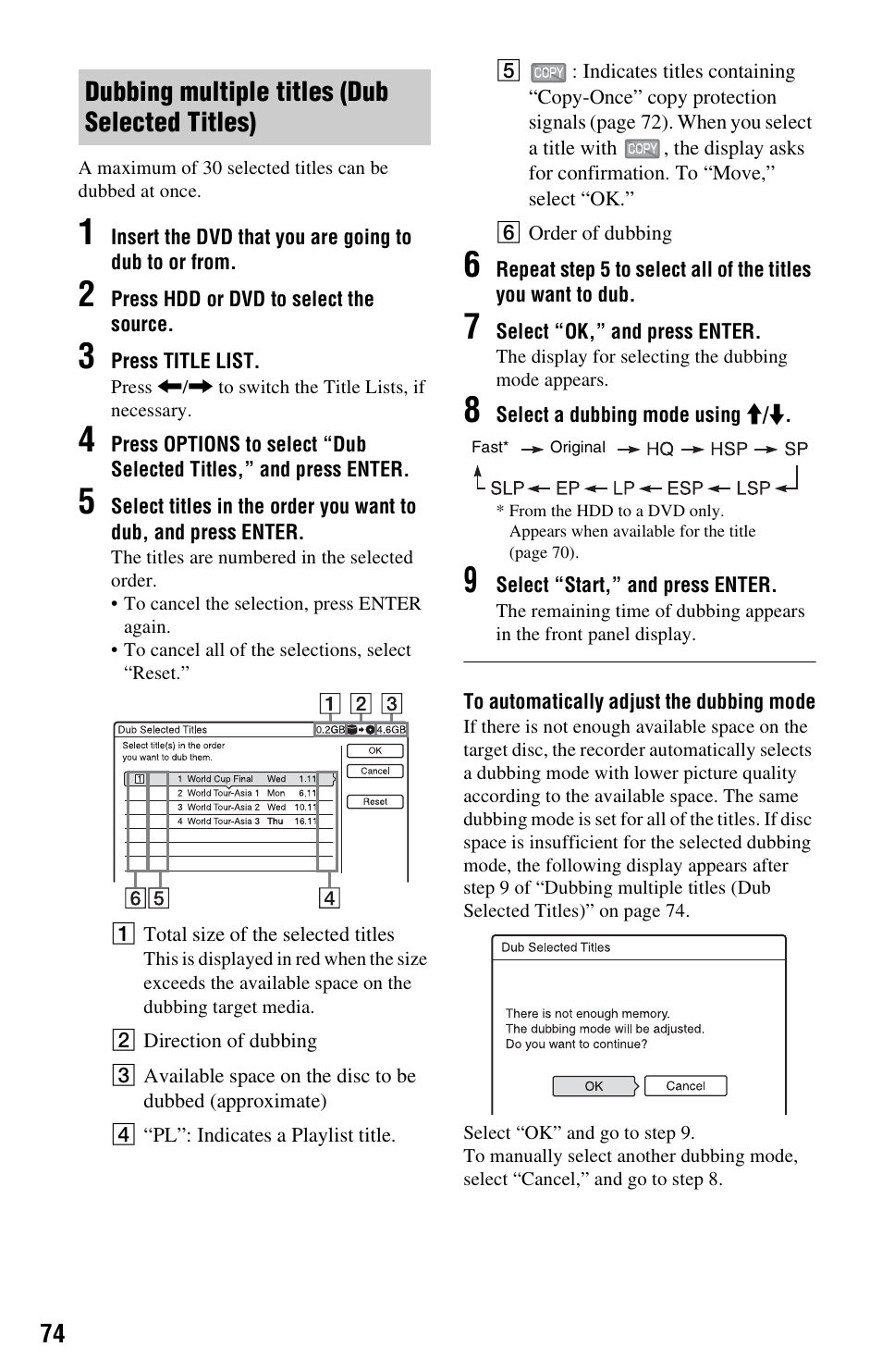 Dubbing multiple titles (dub selected titles) | Sony VIDEO Plus RDR-HX720 User Manual | Page 74 / 116