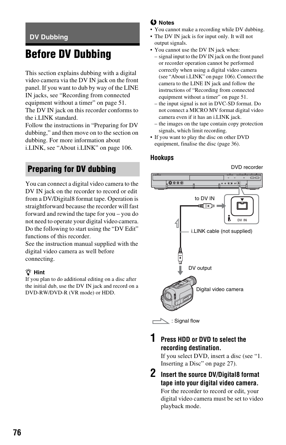 Dv dubbing, Before dv dubbing, Preparing for dv dubbing | Sony VIDEO Plus RDR-HX720 User Manual | Page 76 / 116