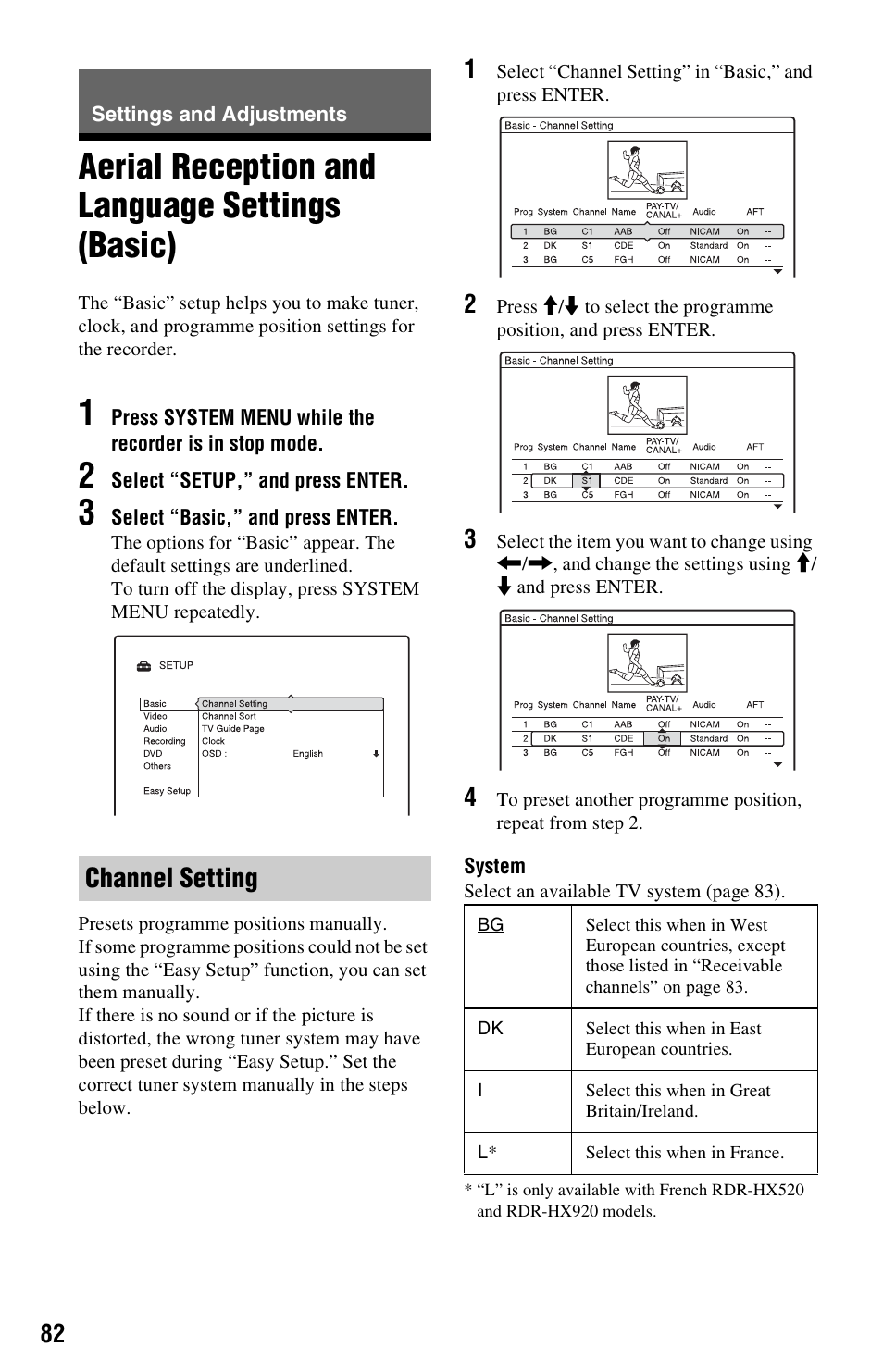 Settings and adjustments, Aerial reception and language settings (basic), Channel setting | Sony VIDEO Plus RDR-HX720 User Manual | Page 82 / 116