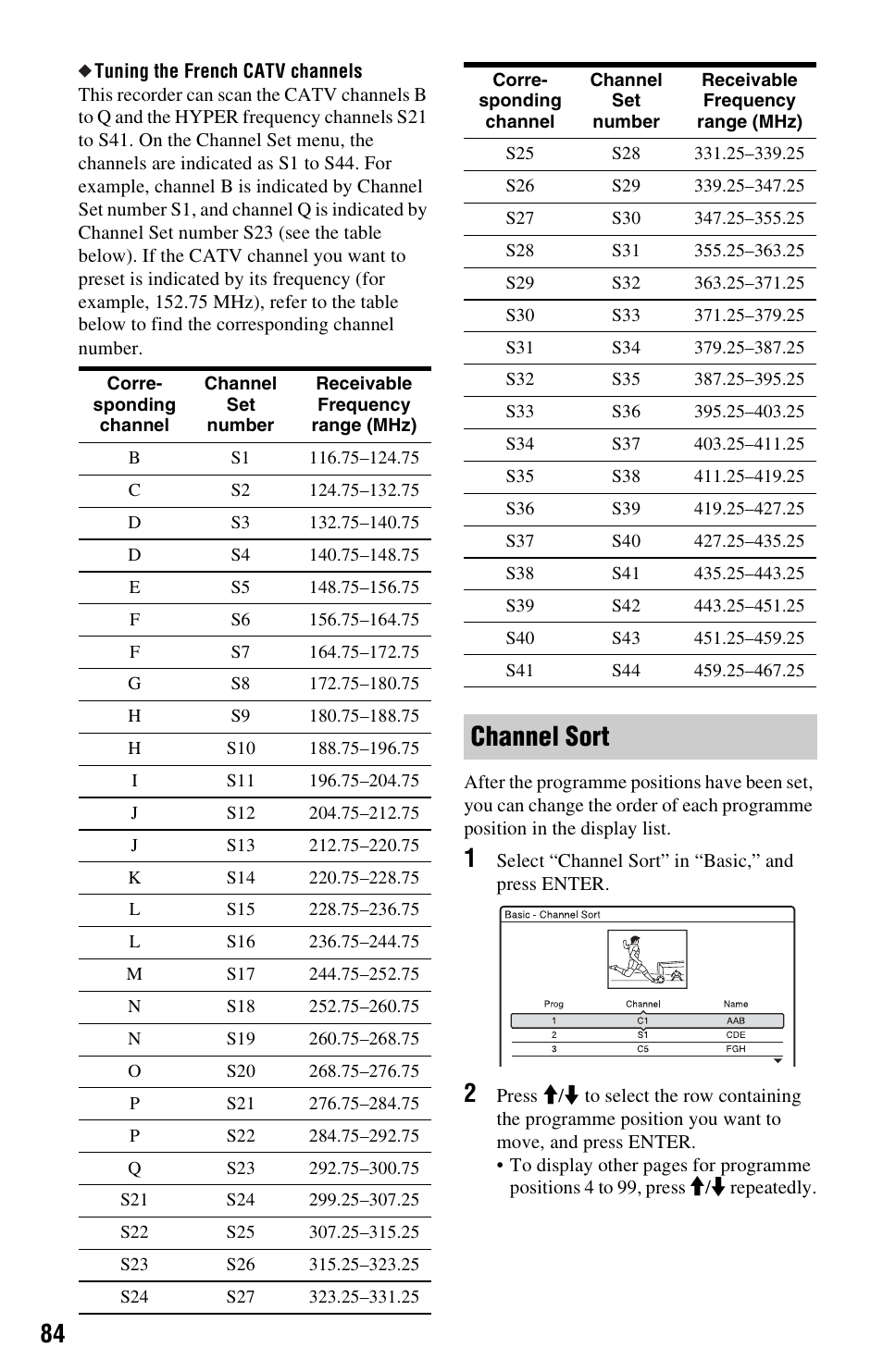 Channel sort | Sony VIDEO Plus RDR-HX720 User Manual | Page 84 / 116