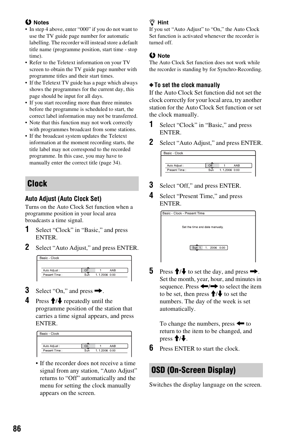 Clock, Osd (on-screen display), Clock osd (on-screen display) | Sony VIDEO Plus RDR-HX720 User Manual | Page 86 / 116