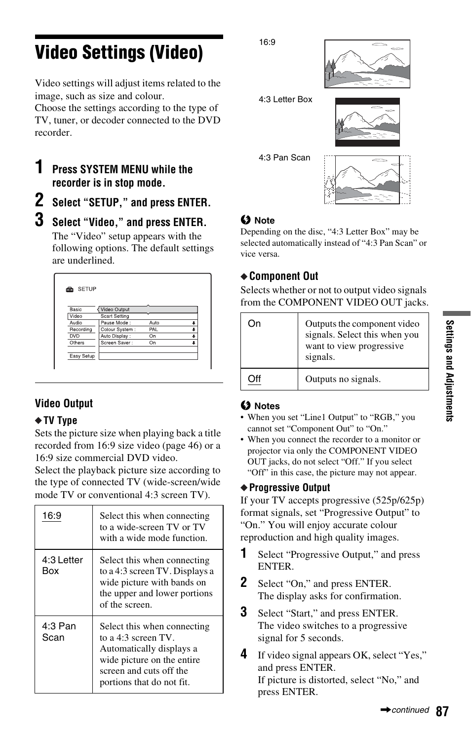 Video settings (video) | Sony VIDEO Plus RDR-HX720 User Manual | Page 87 / 116