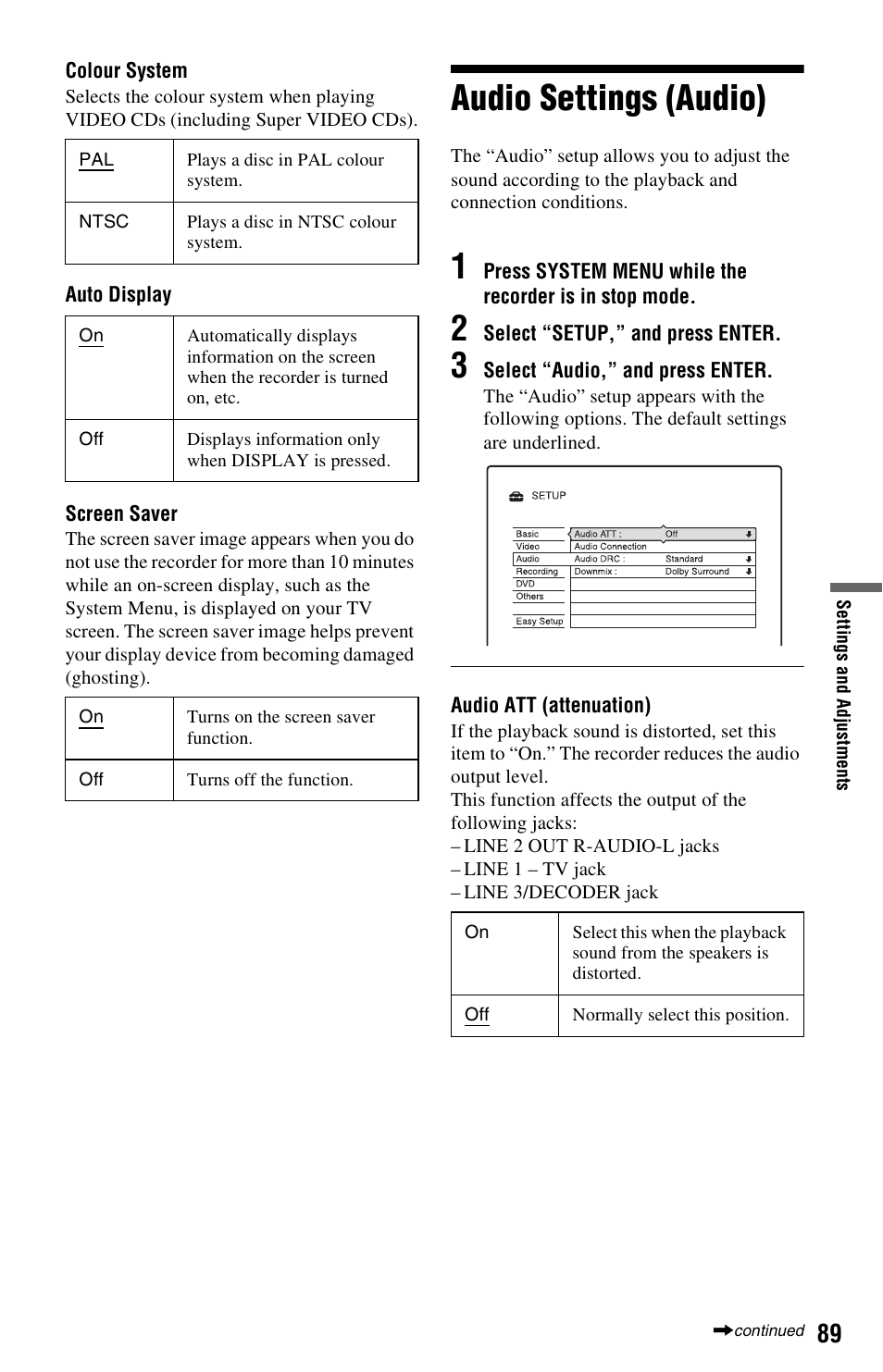 Audio settings (audio) | Sony VIDEO Plus RDR-HX720 User Manual | Page 89 / 116