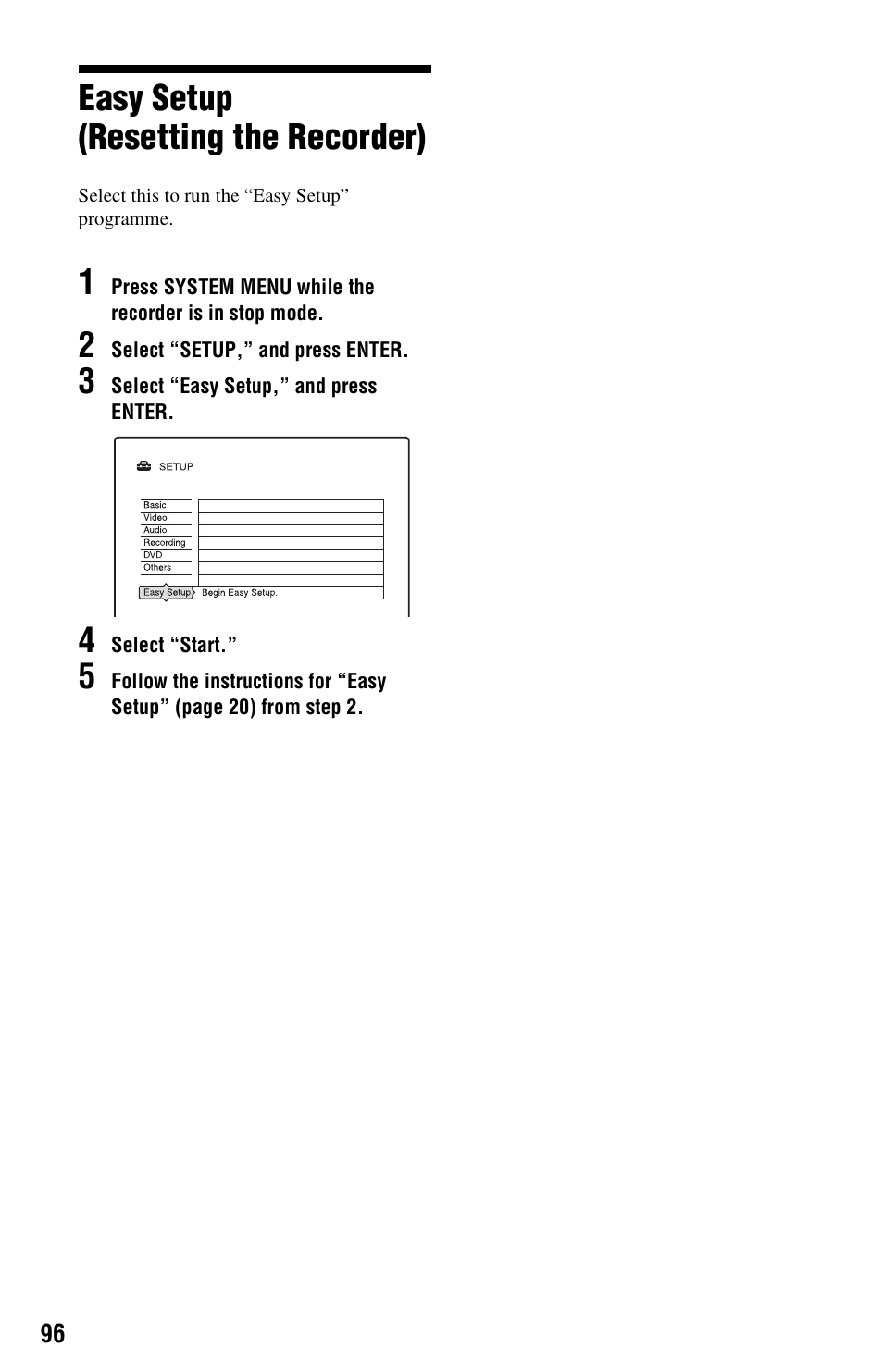 Easy setup (resetting the recorder) | Sony VIDEO Plus RDR-HX720 User Manual | Page 96 / 116