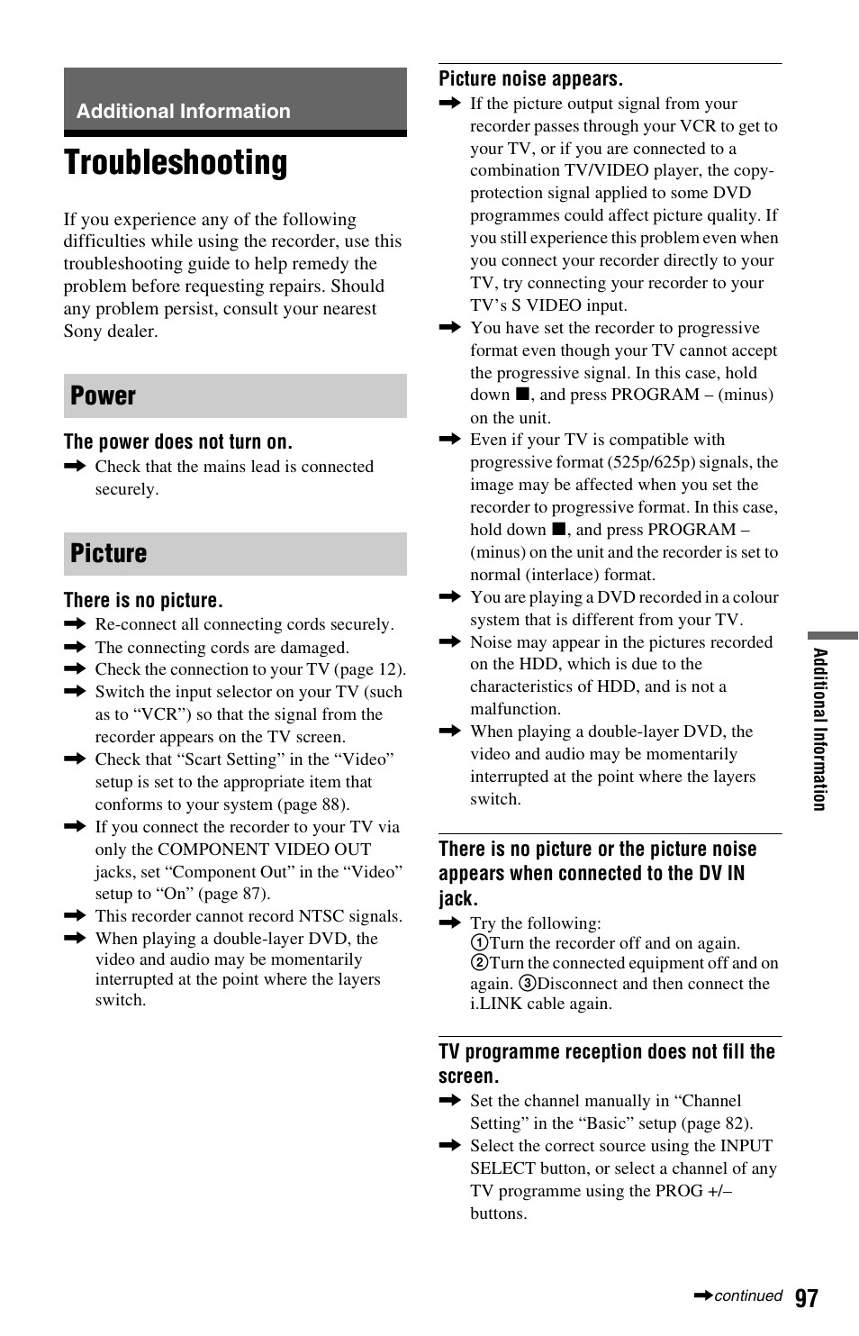 Additional information, Troubleshooting, Power picture | Sony VIDEO Plus RDR-HX720 User Manual | Page 97 / 116