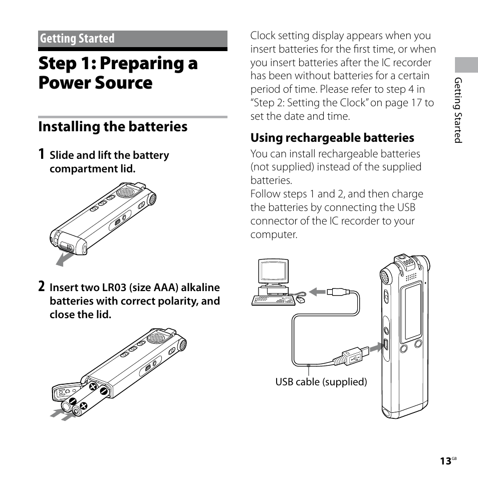 Step 1: preparing a power source, Installing the batteries | Sony ICD-SX57  EN User Manual | Page 13 / 84