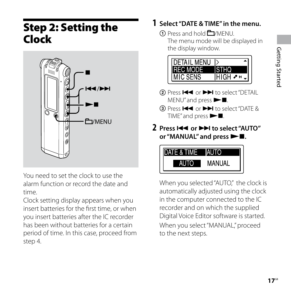 Step 2: setting the clock | Sony ICD-SX57  EN User Manual | Page 17 / 84