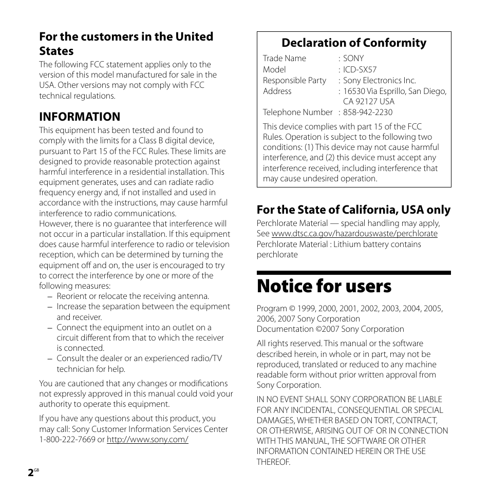 Notice for users, For the customers in the united states, Information | Declaration of conformity, For the state of california, usa only | Sony ICD-SX57  EN User Manual | Page 2 / 84