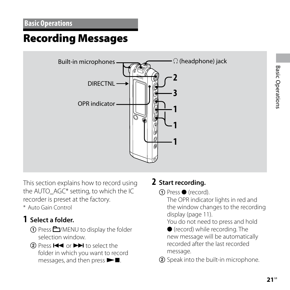 Recording messages, Basic operations | Sony ICD-SX57  EN User Manual | Page 21 / 84