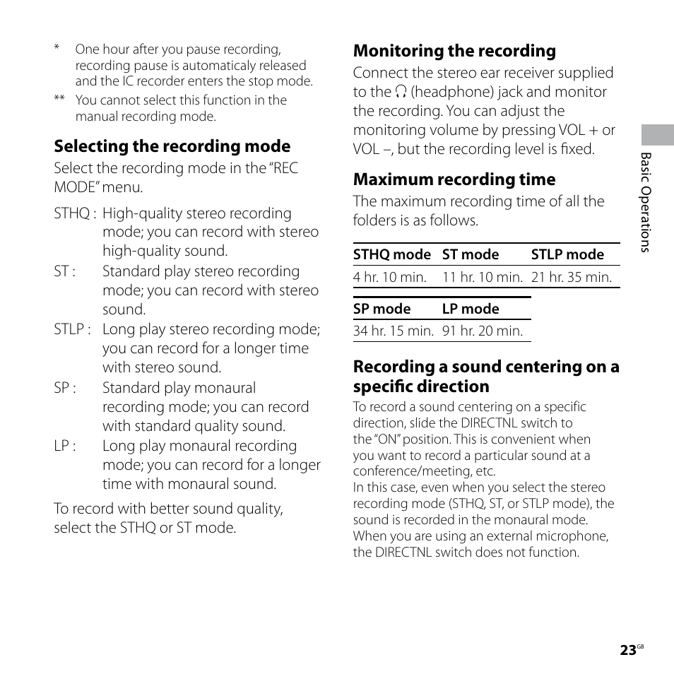 Selecting the recording mode, Monitoring the recording, Maximum recording time | Sony ICD-SX57  EN User Manual | Page 23 / 84