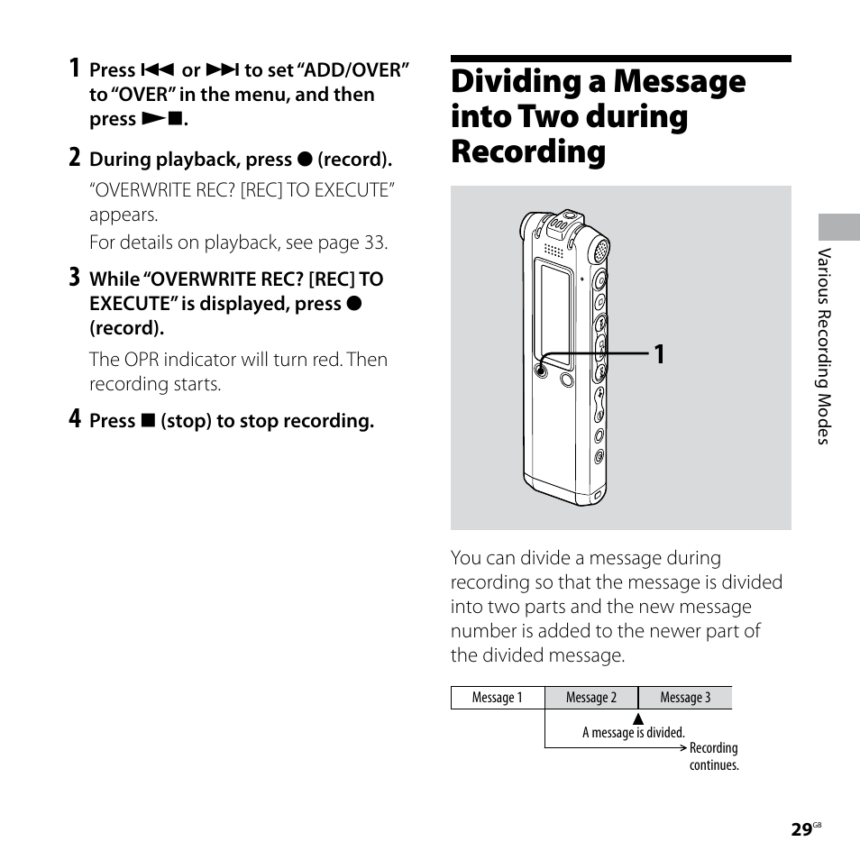 Dividing a message into two during recording | Sony ICD-SX57  EN User Manual | Page 29 / 84