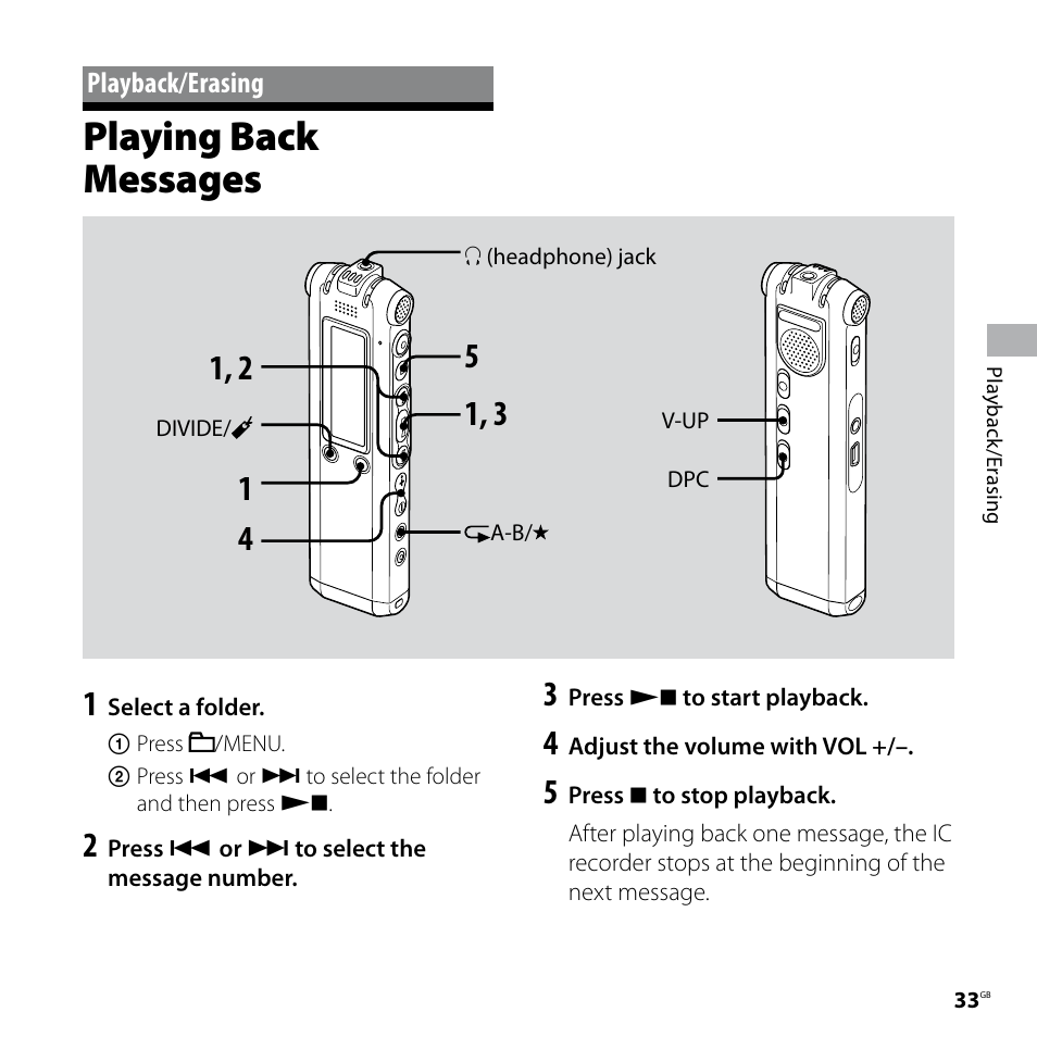 Playing back messages | Sony ICD-SX57  EN User Manual | Page 33 / 84