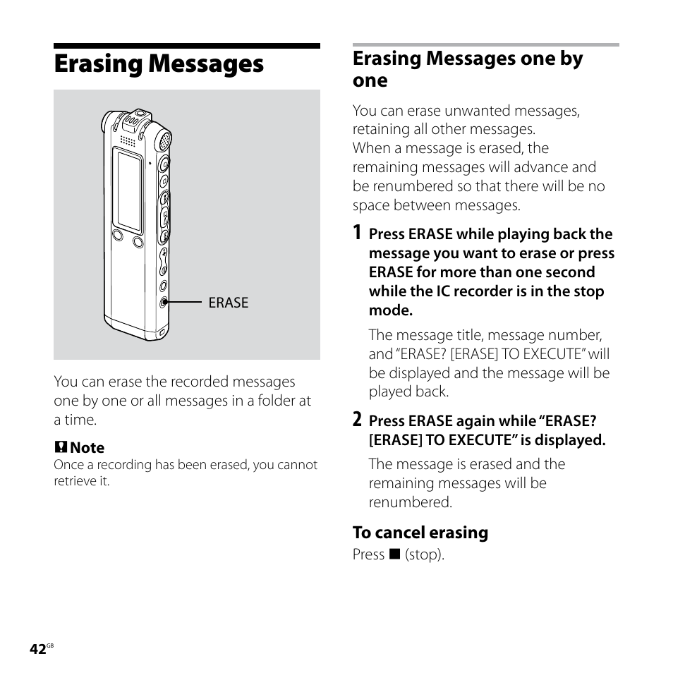 Erasing messages, Erasing messages one by one | Sony ICD-SX57  EN User Manual | Page 42 / 84