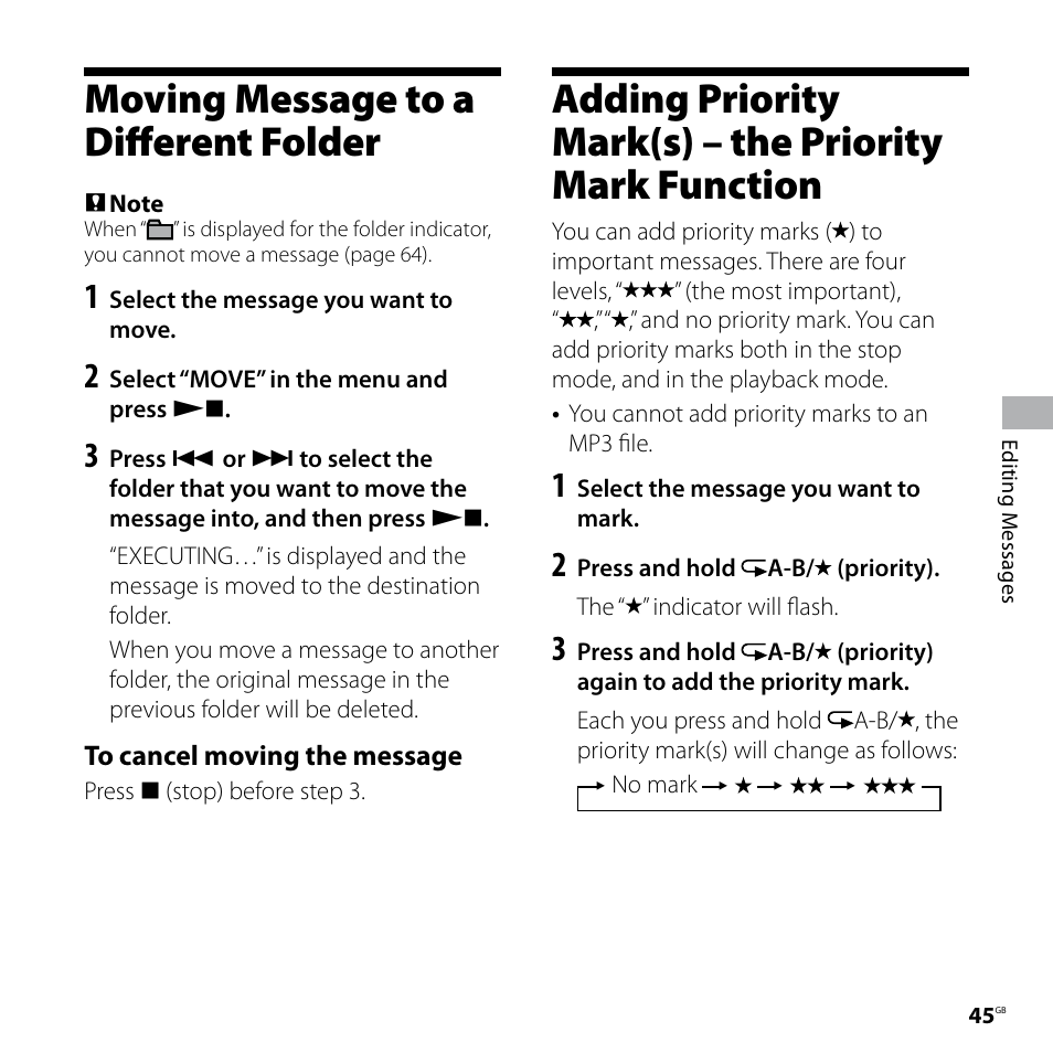 Moving message to a different folder | Sony ICD-SX57  EN User Manual | Page 45 / 84