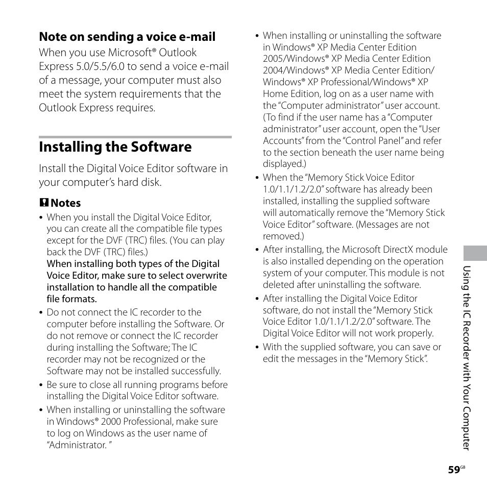 Installing the software | Sony ICD-SX57  EN User Manual | Page 59 / 84