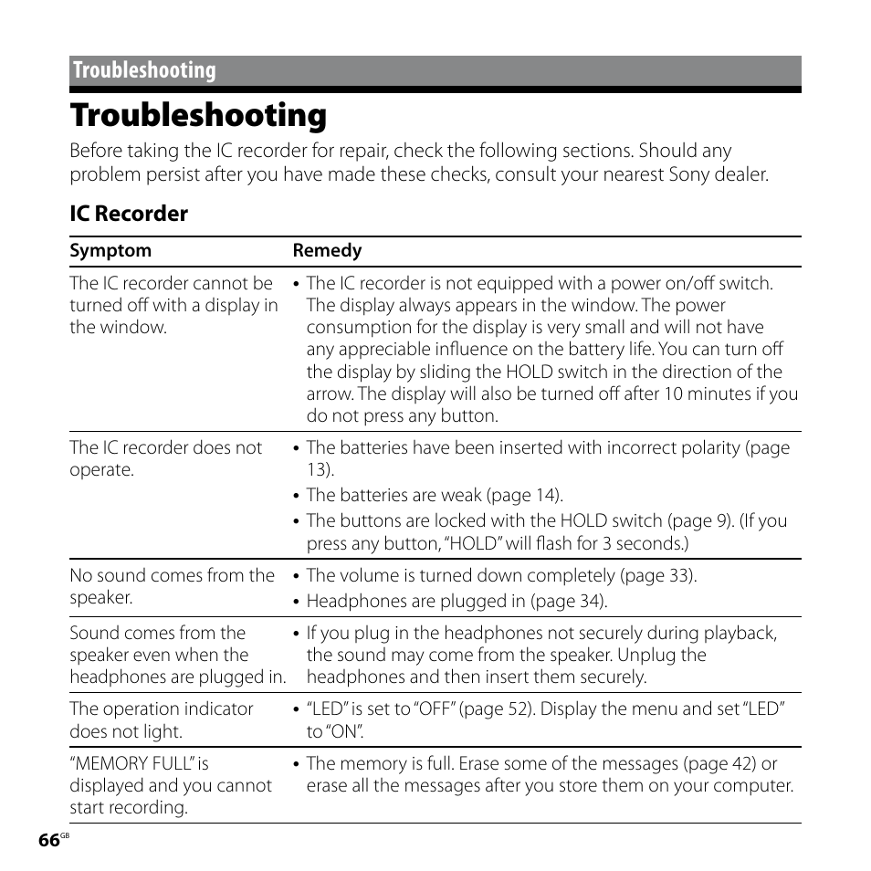 Troubleshooting, Ic recorder | Sony ICD-SX57  EN User Manual | Page 66 / 84