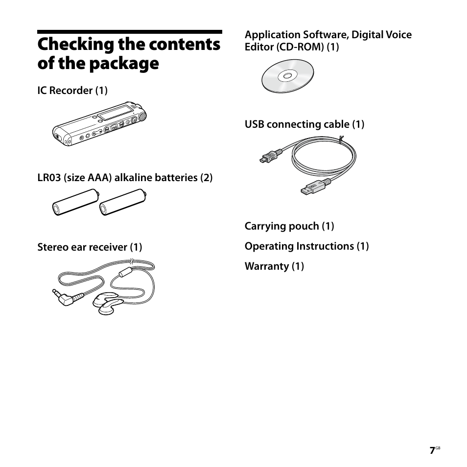 Checking the contents of the package | Sony ICD-SX57  EN User Manual | Page 7 / 84