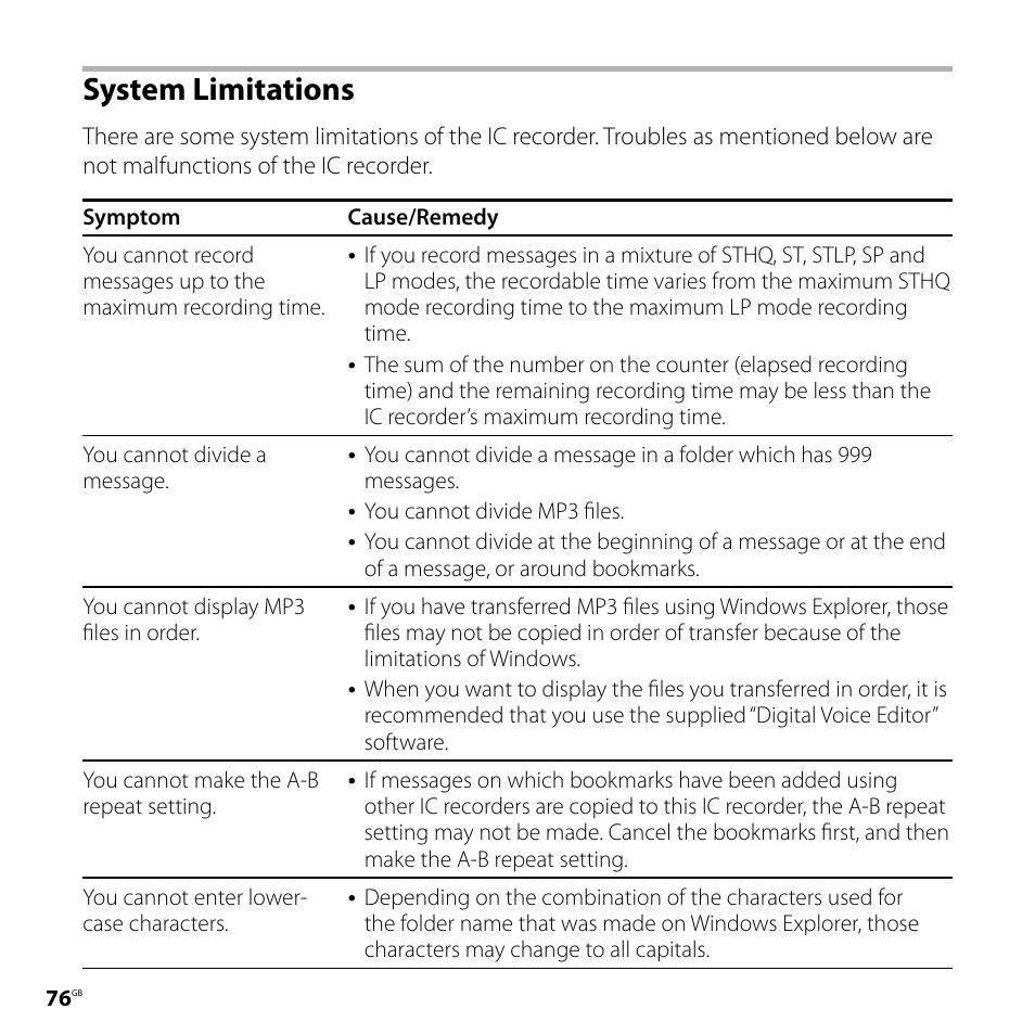 System limitations | Sony ICD-SX57  EN User Manual | Page 76 / 84