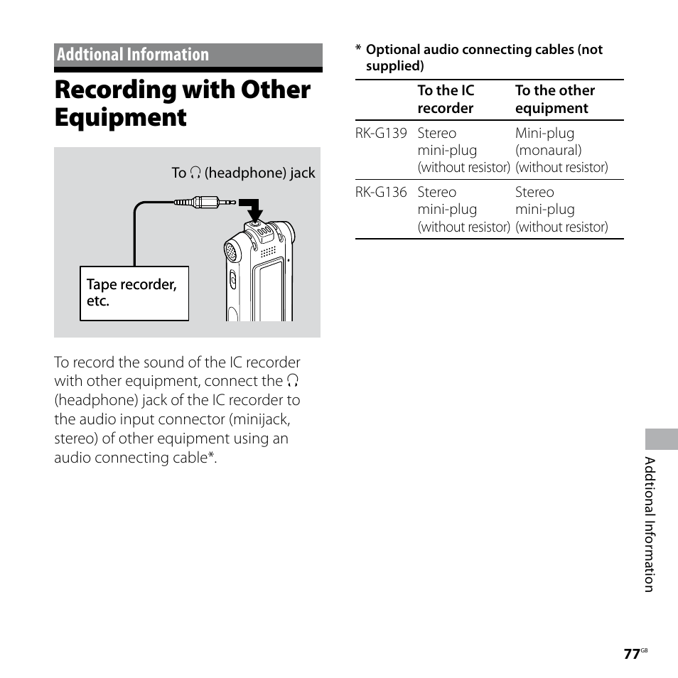 Recording with other equipment, Addtional information | Sony ICD-SX57  EN User Manual | Page 77 / 84