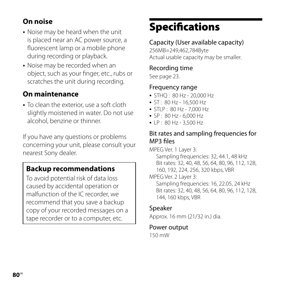 Specifications, On noise, On maintenance | Backup recommendations | Sony ICD-SX57  EN User Manual | Page 80 / 84