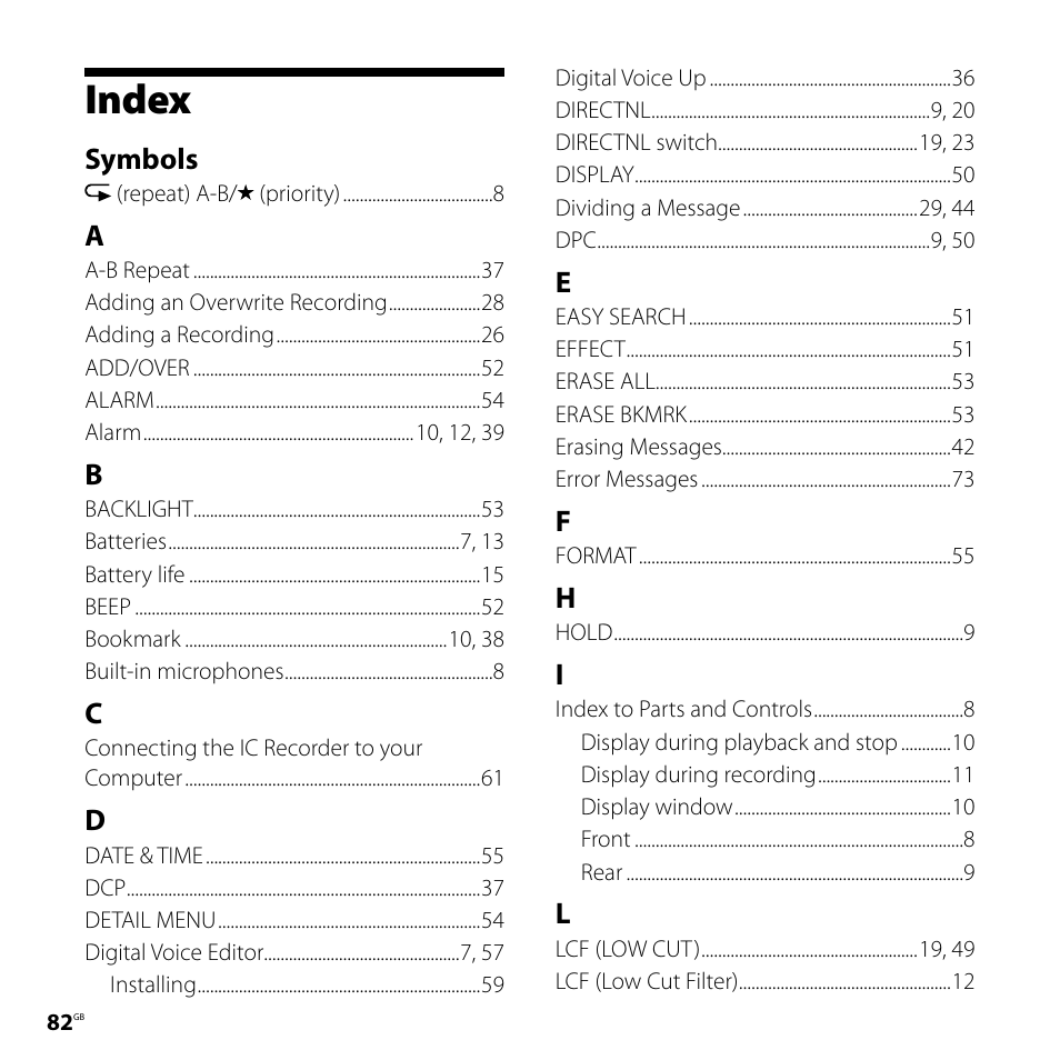 Index | Sony ICD-SX57  EN User Manual | Page 82 / 84