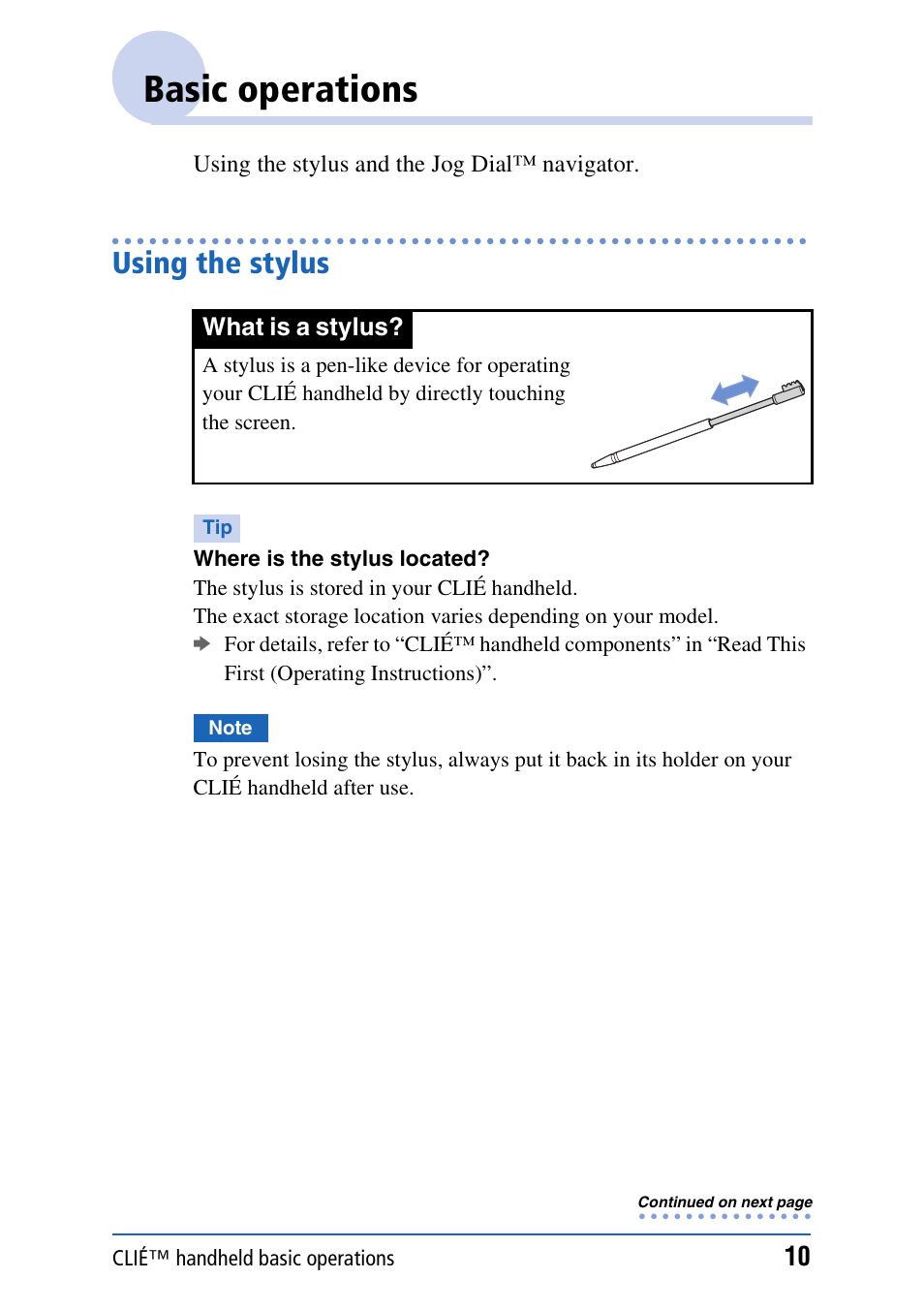 Basic operations, Using the stylus | Sony CLIE PEG-TJ35 User Manual | Page 10 / 190