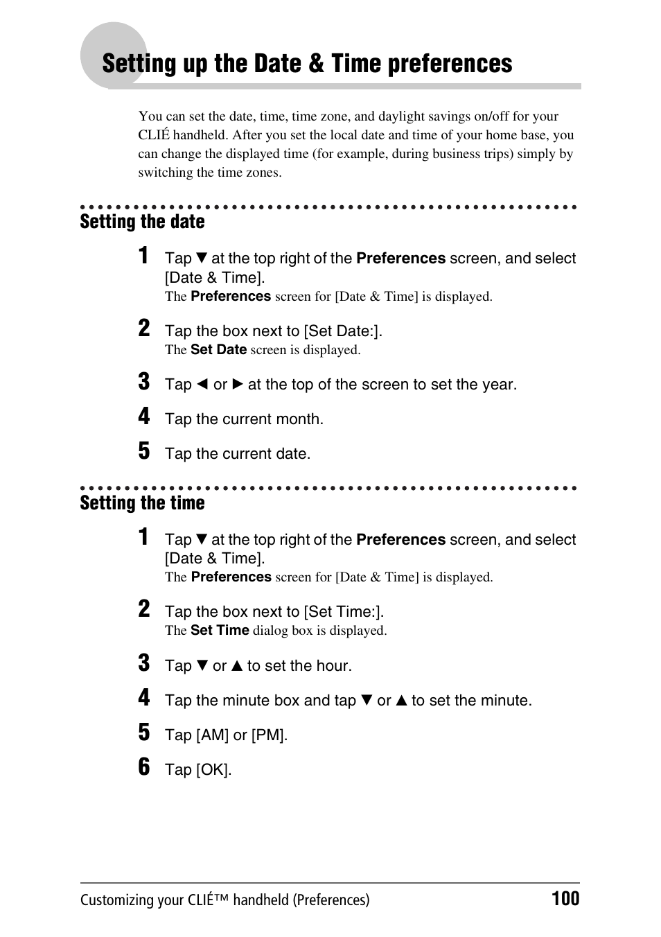 Setting up the date & time preferences, Setting the date, Setting the time | Setting the date setting the time | Sony CLIE PEG-TJ35 User Manual | Page 100 / 190