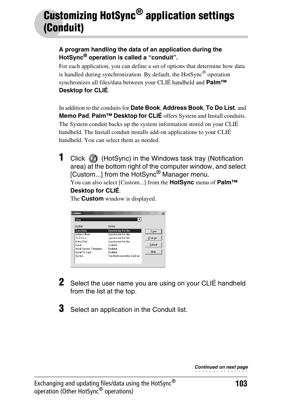 Customizing hotsync, Application, Settings (conduit) | Application settings, Conduit), Application settings (conduit) | Sony CLIE PEG-TJ35 User Manual | Page 103 / 190