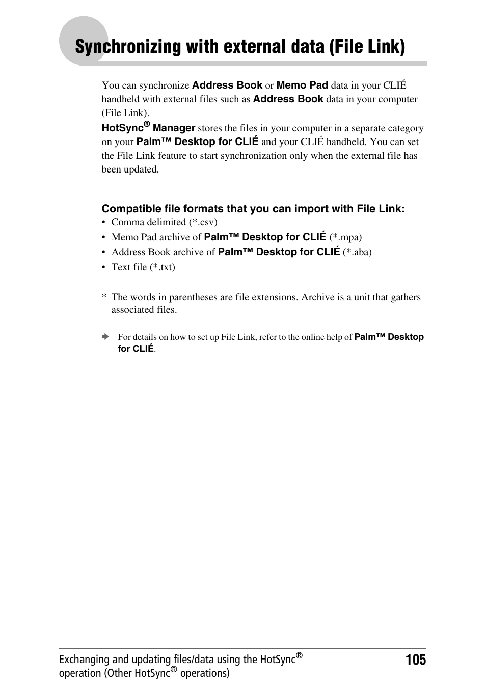 Synchronizing with external data (file link), Synchronizing with external data, File link) | Sony CLIE PEG-TJ35 User Manual | Page 105 / 190