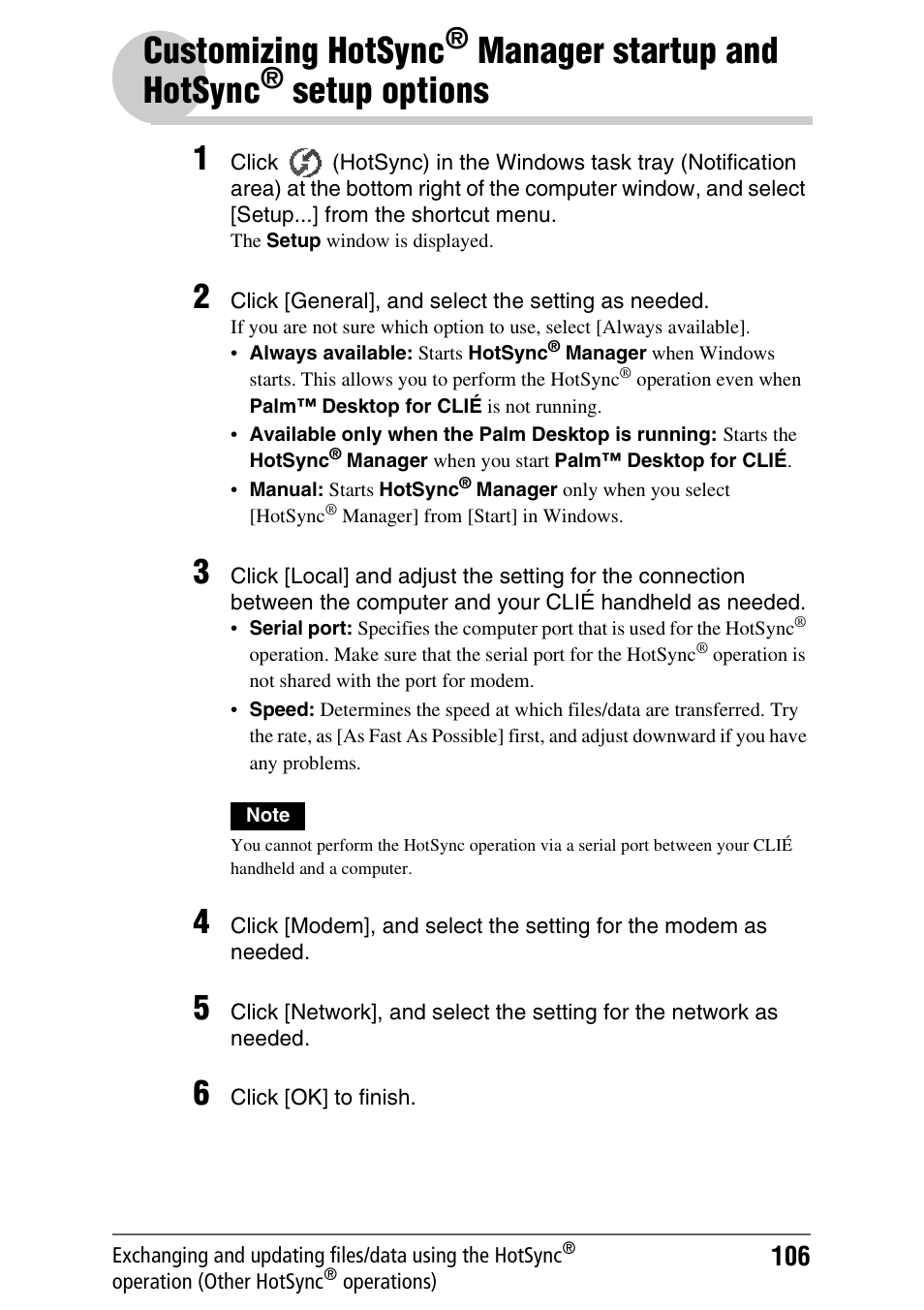 Customizing hotsync, Manager, Startup and hotsync | Setup, Options, Manager startup and, Hotsync, Setup options, Manager startup and hotsync | Sony CLIE PEG-TJ35 User Manual | Page 106 / 190