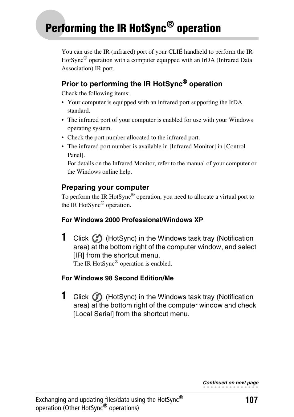 Performing the ir hotsync® operation, Performing the ir hotsync, Operation | Sony CLIE PEG-TJ35 User Manual | Page 107 / 190