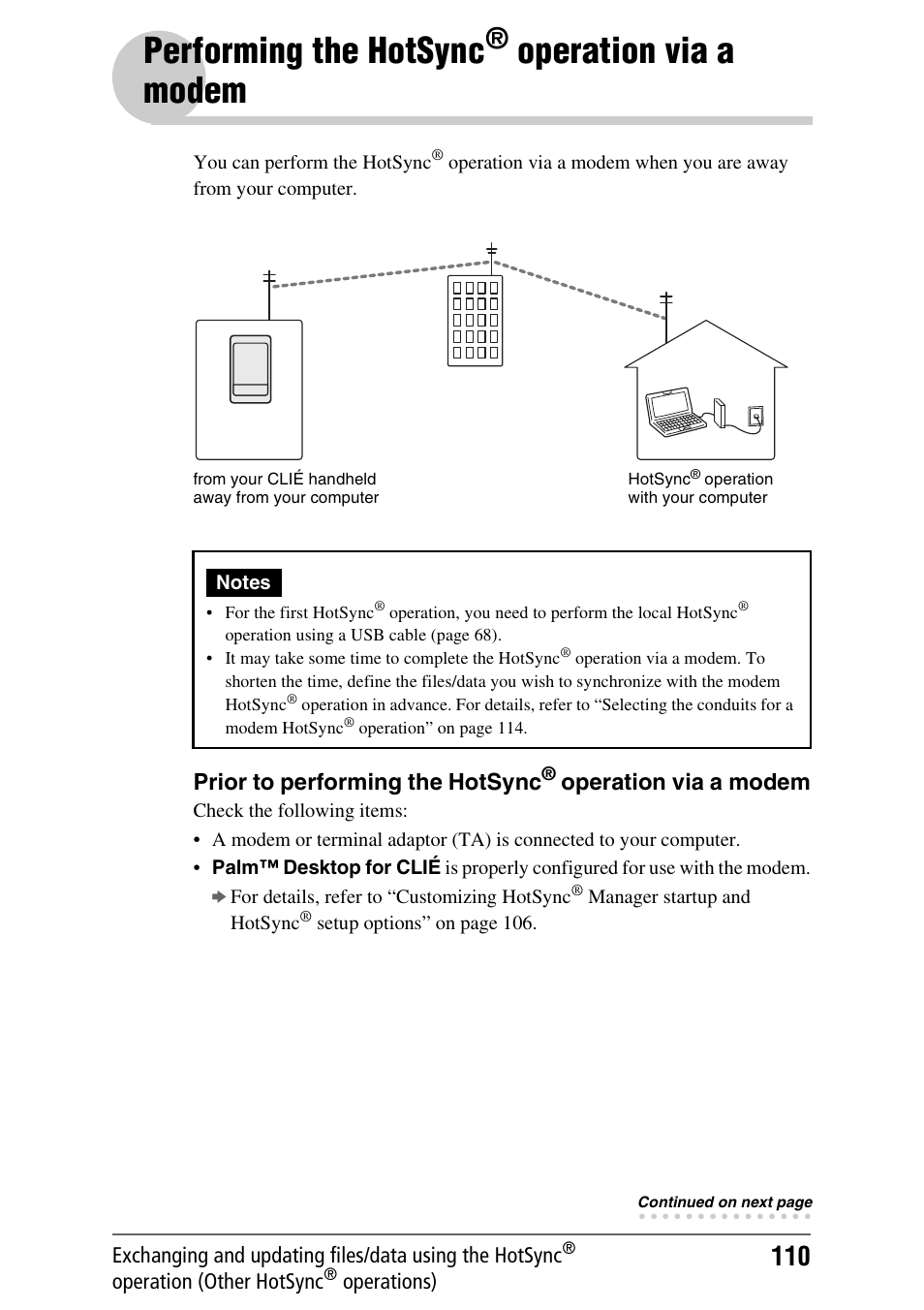 Performing the hotsync® operation via a modem, Performing the hotsync, Operation | Via a modem, Operation via a modem, Prior to performing the hotsync | Sony CLIE PEG-TJ35 User Manual | Page 110 / 190