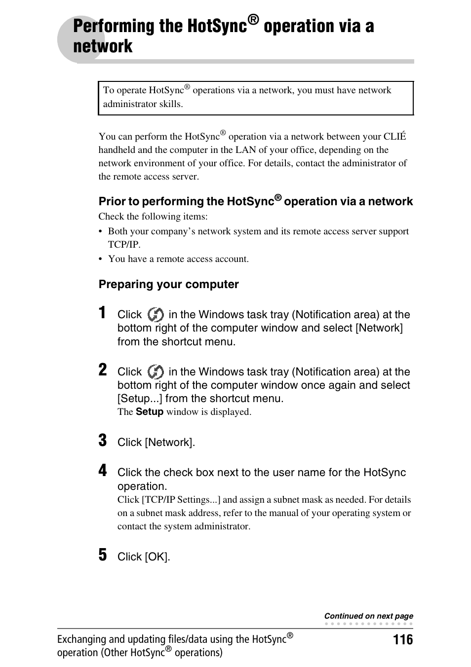 Performing the hotsync® operation via a network, Performing the hotsync, Operation | Via a network, Performing the hotsync® operation, Operation via a network | Sony CLIE PEG-TJ35 User Manual | Page 116 / 190