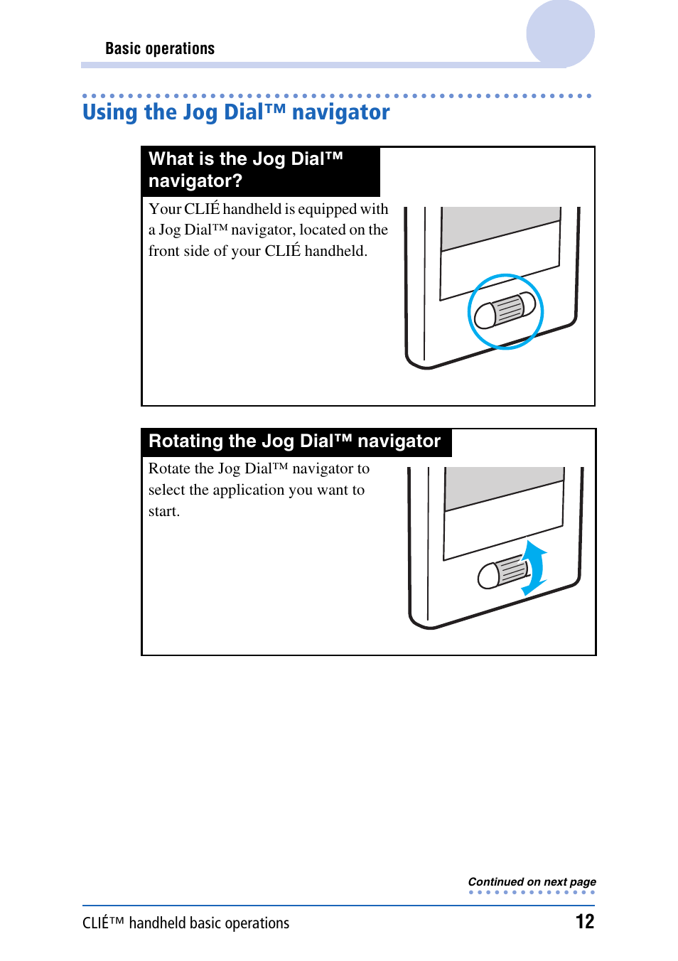 Using the jog dial™ navigator | Sony CLIE PEG-TJ35 User Manual | Page 12 / 190