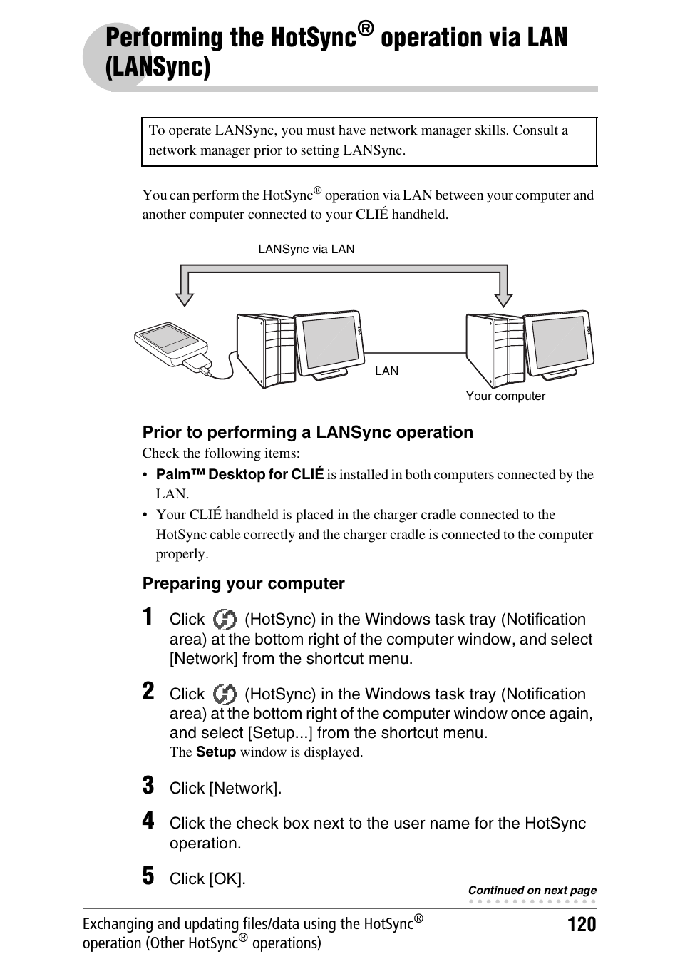 Performing the hotsync, Operation, Via lan (lansync) | Operation via, Lan (lansync), Operation via lan (lansync) | Sony CLIE PEG-TJ35 User Manual | Page 120 / 190