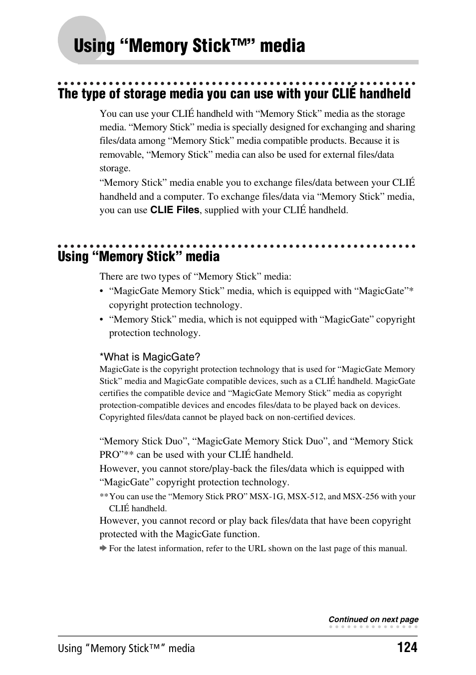 Using “memory stick™” media, Using “memory stick” media | Sony CLIE PEG-TJ35 User Manual | Page 124 / 190