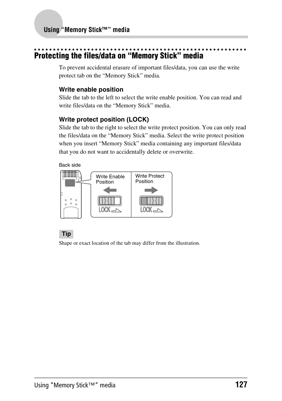 Protecting the files/data on “memory stick” media | Sony CLIE PEG-TJ35 User Manual | Page 127 / 190