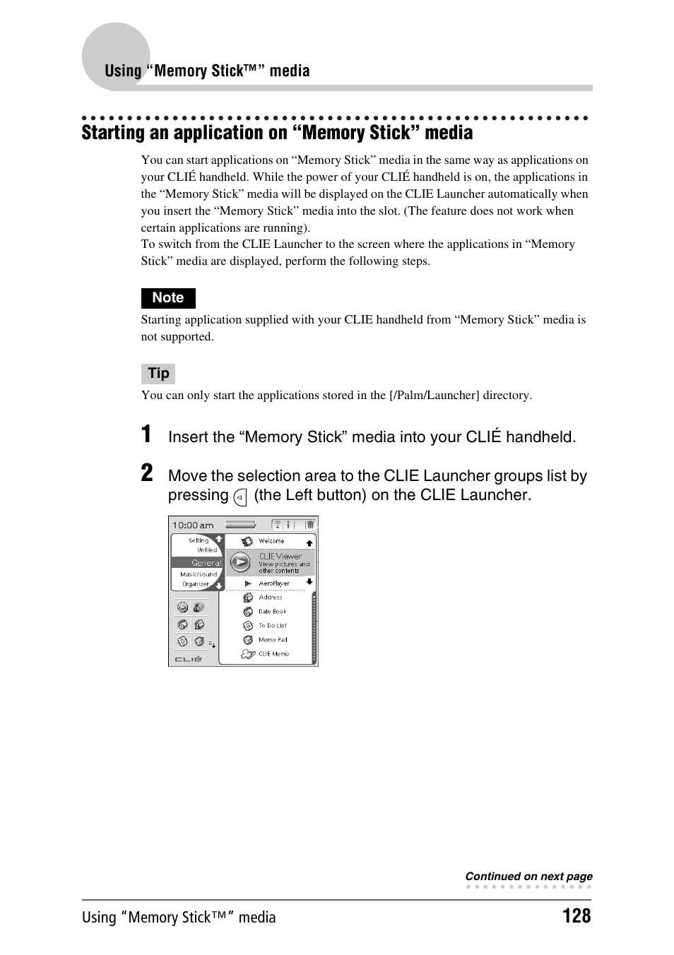 Starting an application on “memory stick” media | Sony CLIE PEG-TJ35 User Manual | Page 128 / 190