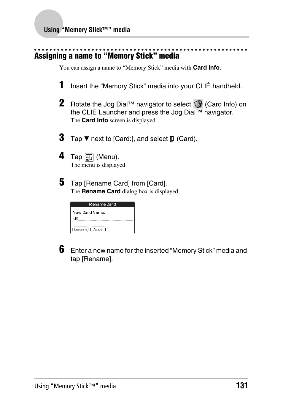 Assigning a name to “memory stick” media | Sony CLIE PEG-TJ35 User Manual | Page 131 / 190