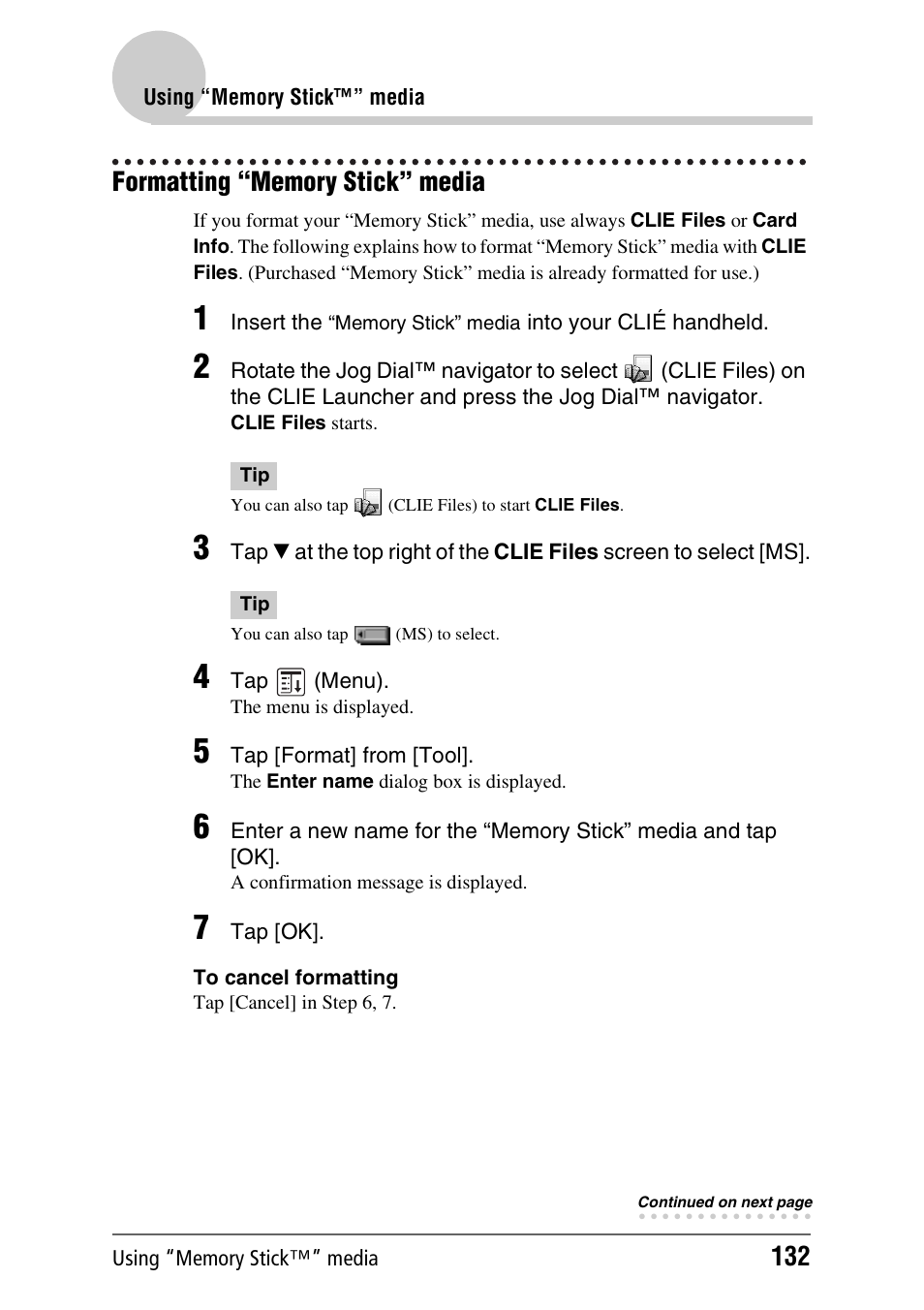 Formatting “memory stick” media | Sony CLIE PEG-TJ35 User Manual | Page 132 / 190