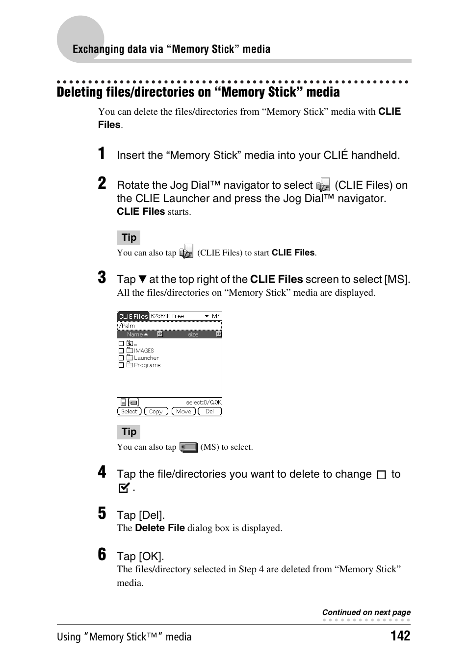 Deleting files/directories on “memory stick” media | Sony CLIE PEG-TJ35 User Manual | Page 142 / 190