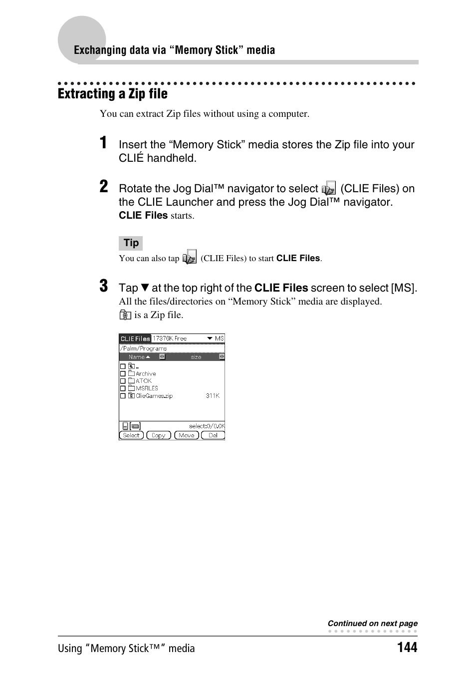 Extracting a zip file | Sony CLIE PEG-TJ35 User Manual | Page 144 / 190