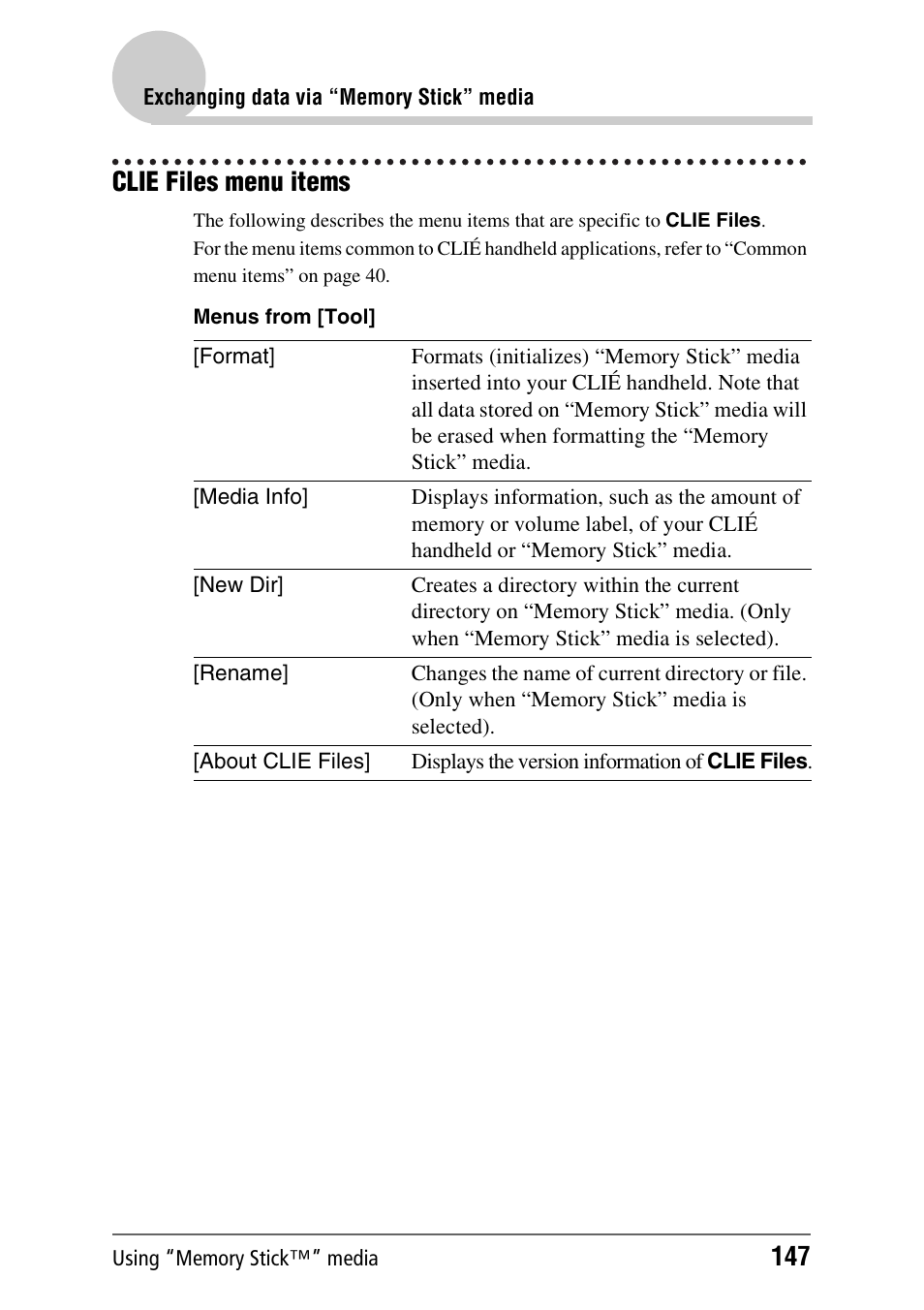 Clie files menu items | Sony CLIE PEG-TJ35 User Manual | Page 147 / 190