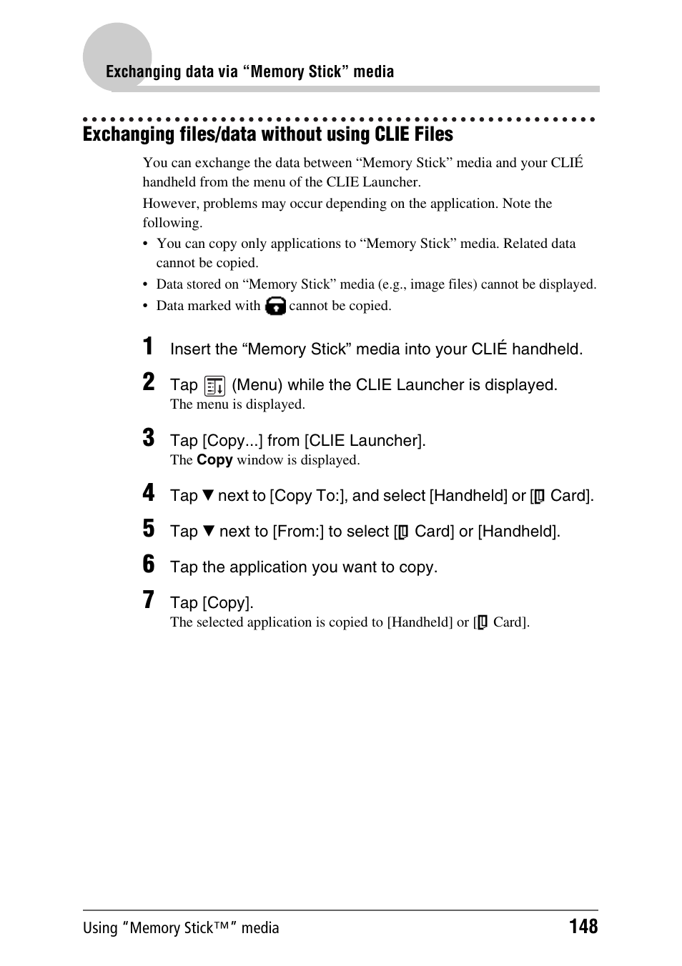 Exchanging files/data without using clie files | Sony CLIE PEG-TJ35 User Manual | Page 148 / 190