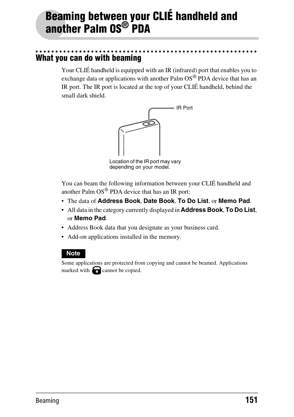 What you can do with beaming, Age 151), Beaming between your clié handheld and | Another palm os | Sony CLIE PEG-TJ35 User Manual | Page 151 / 190