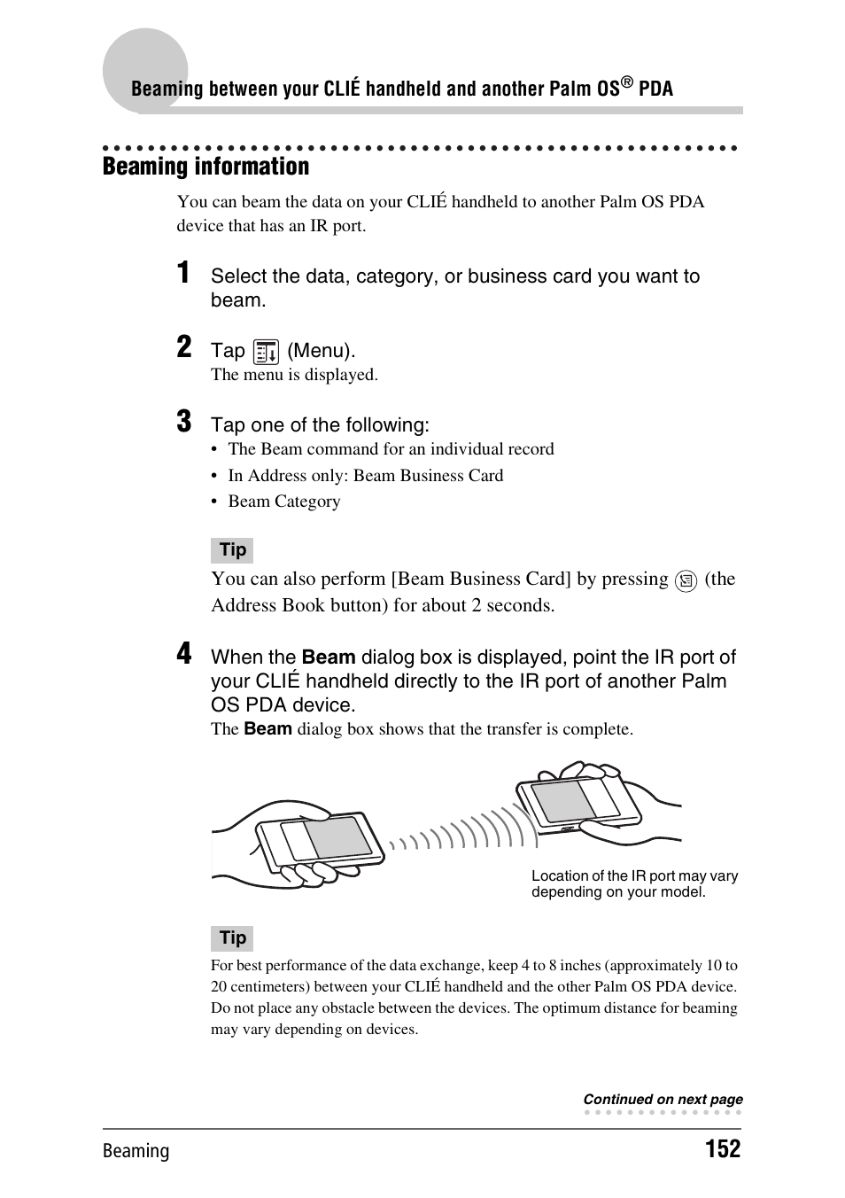 Beaming information, E 152) | Sony CLIE PEG-TJ35 User Manual | Page 152 / 190