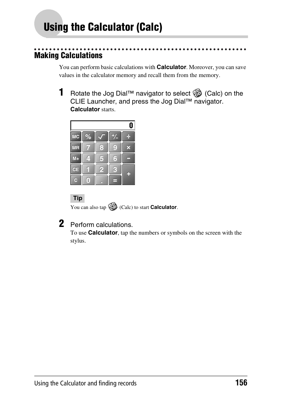 Using the calculator (calc), Making calculations | Sony CLIE PEG-TJ35 User Manual | Page 156 / 190